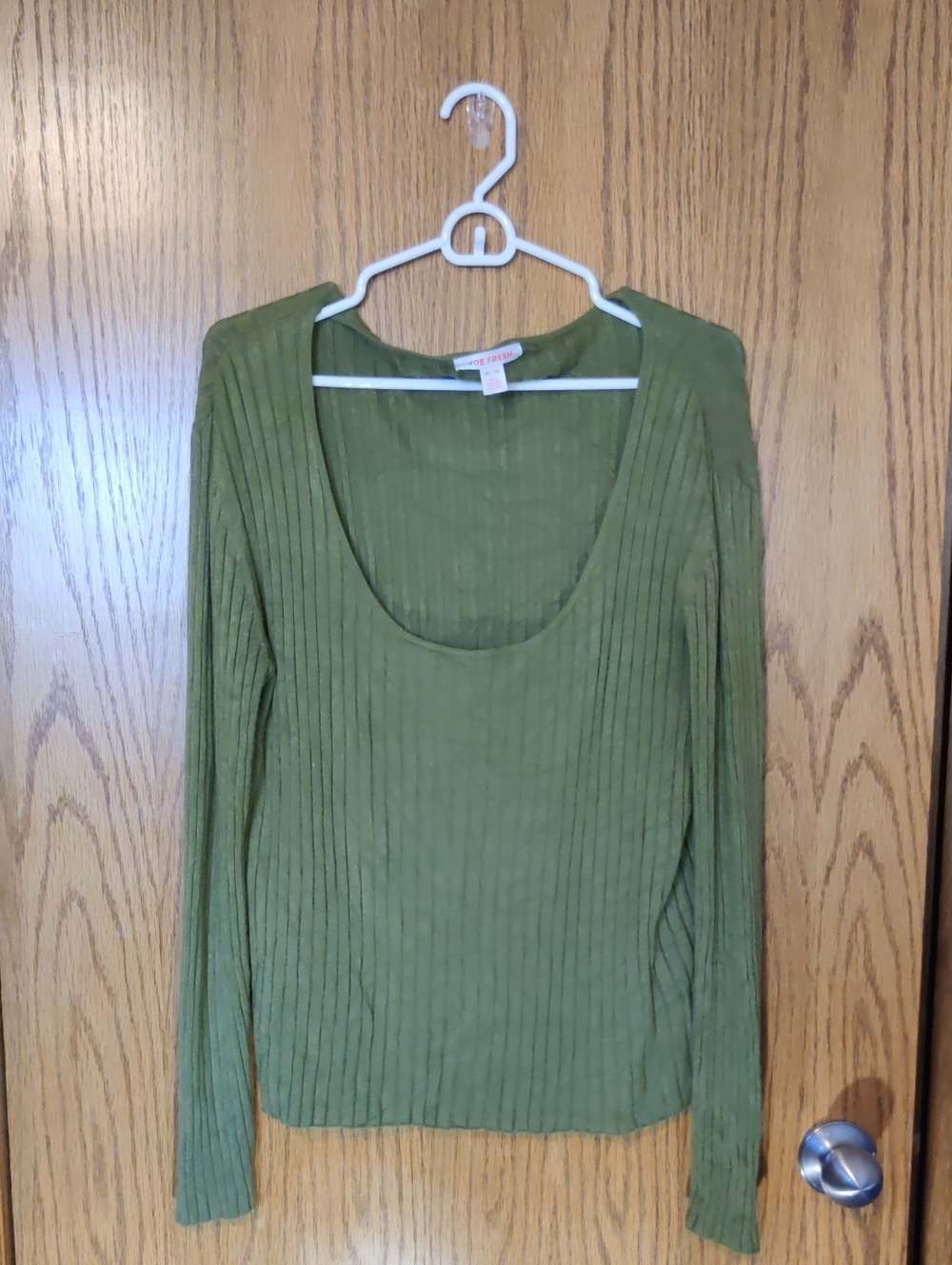 Joe Fresh Olive Ribbed Scoop-Neck Long Sleeve Top